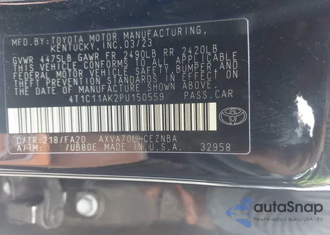 2023 Toyota Camry Le z USA, uszkodzony, nr VIN 4T1C11AK2PU150559